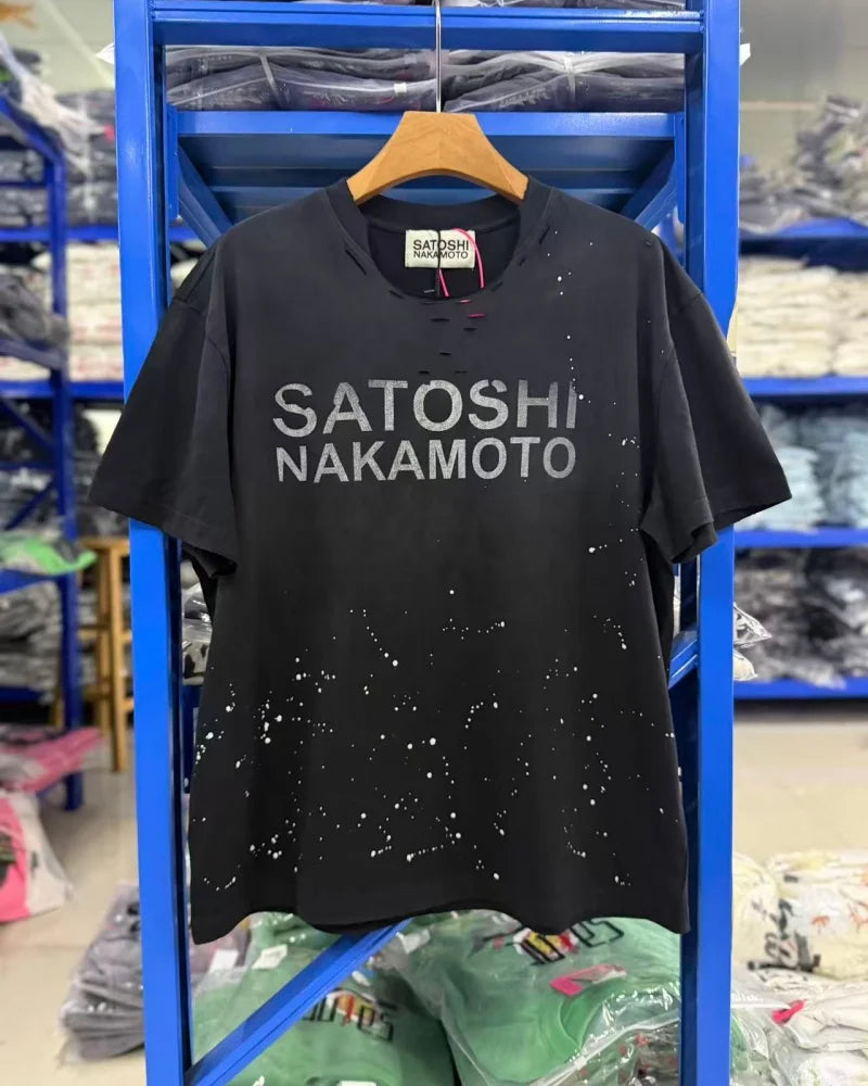 Summer Latest Highest Quality Fashion High Street SATOSHI NAKAMOTO Washed Distressed Beaded Destroyed Short-Sleeve T-Shirt - Matrix-studios.com