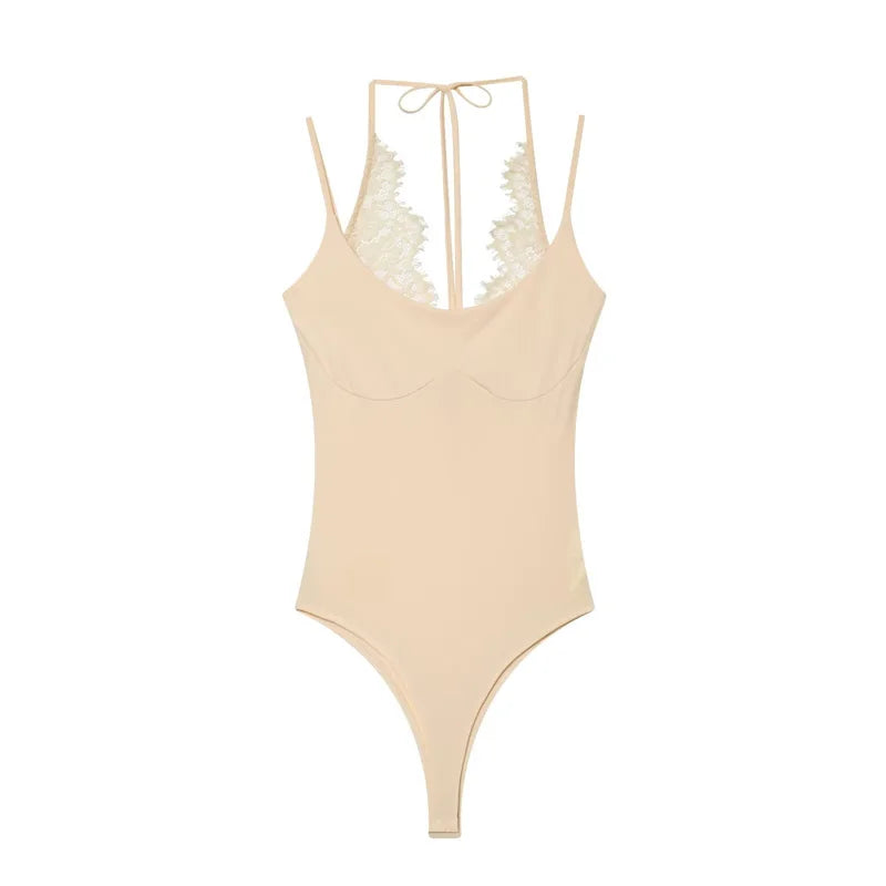 Women's Bodysuit 2026 New Fashion Summer Black Spliced Lace Bodysuit for Women Elegant Chic Personality Spaghetti Strap Bodysuit - Matrix Studios