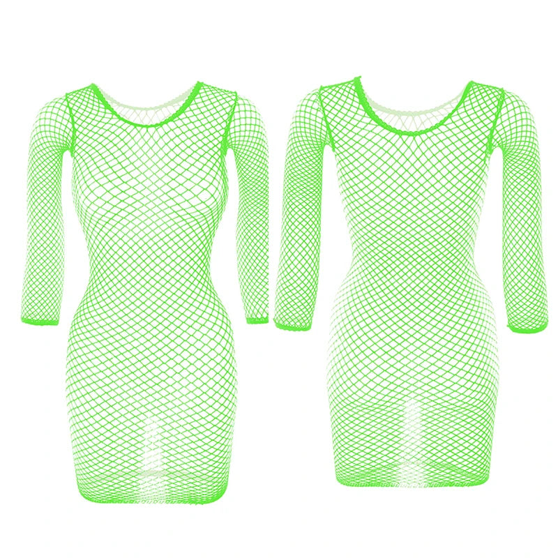 1PC Women Sexy Fishnet Beach Cover Up Long Sleeves Hollow Out Bodycon Dress See Through Summer Swimwear - Matrix Studios