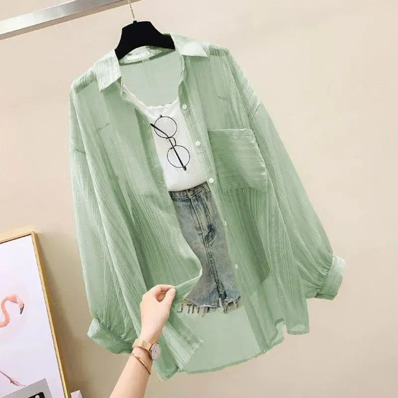 Summer Sunscreen Shirt Elegant Perspective Thin Chiffon Blouse Korean Harajuku See Through Loose Top Casual Women's Cardigan - Matrix-studios.com