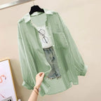 Summer Sunscreen Shirt Elegant Perspective Thin Chiffon Blouse Korean Harajuku See Through Loose Top Casual Women's Cardigan - Matrix-studios.com