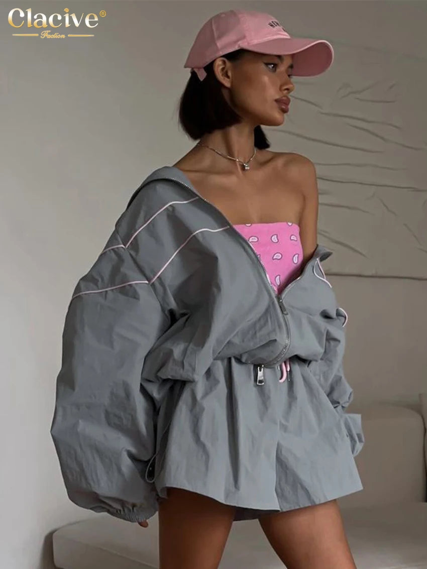 Clacive Fashion Loose Gray 2 Piece Sets Women Outfit 2024 Elegant Long Sleeve Shirt With High Waist Shorts Set Female Streetwear - Matrix-studios.com