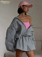 Clacive Fashion Loose Gray 2 Piece Sets Women Outfit 2024 Elegant Long Sleeve Shirt With High Waist Shorts Set Female Streetwear - Matrix-studios.com