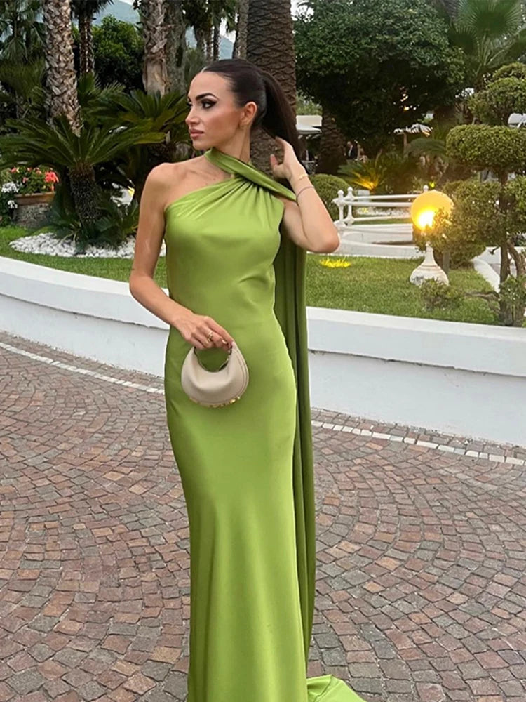 Elegant Ribbon Halter Dress Women Solid Off Shoulder Sleeveless Backless Slim Maxi Dresses 2025 Summer Autumn Party Robes Lady - Matrix-studios.com