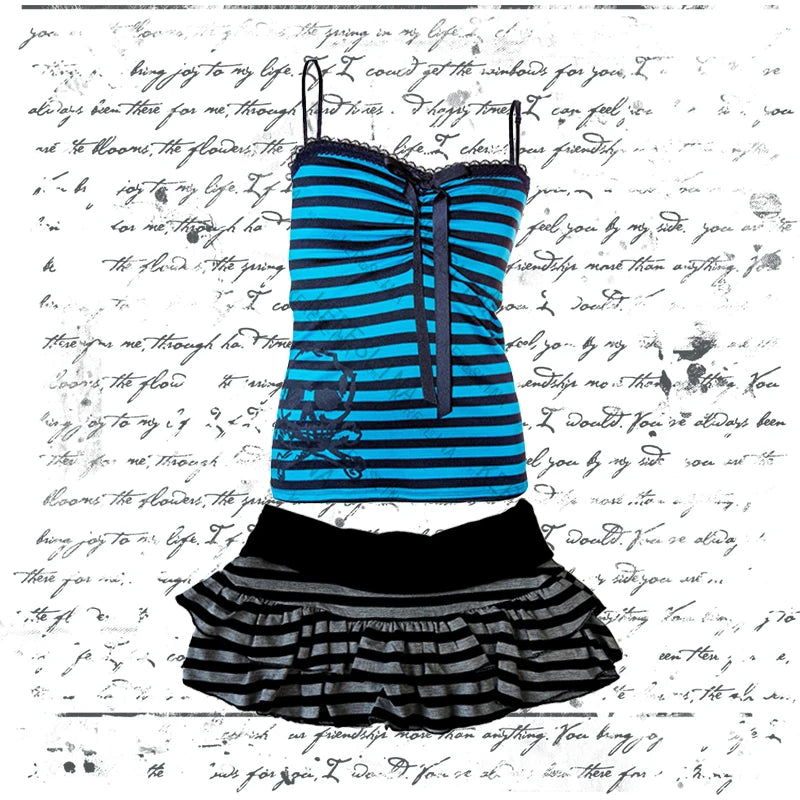 Millennial Style Y2K Skull Lace Bow Striped Halter Top Punk Goth Harajuku Style Top Summer Spice Girls Aesthetic Slim Streetwear - Matrix-studios.com