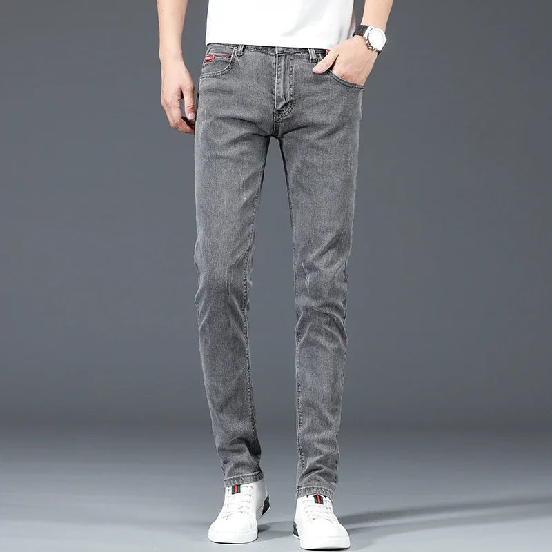 2024 New Men's Cotton Business Casual Skinny Jeans Trendy Fashionable Stretch Straight Slim Denim Trousers Male Blue Grey - Matrix Studios