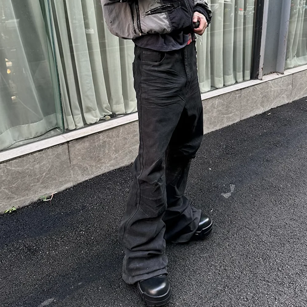 Streetwear Black Glue Coated Boot Cut for Men and Women Straight Baggy Casual Flare Pants Oversized Loose Denim Trousers - Matrix Studios