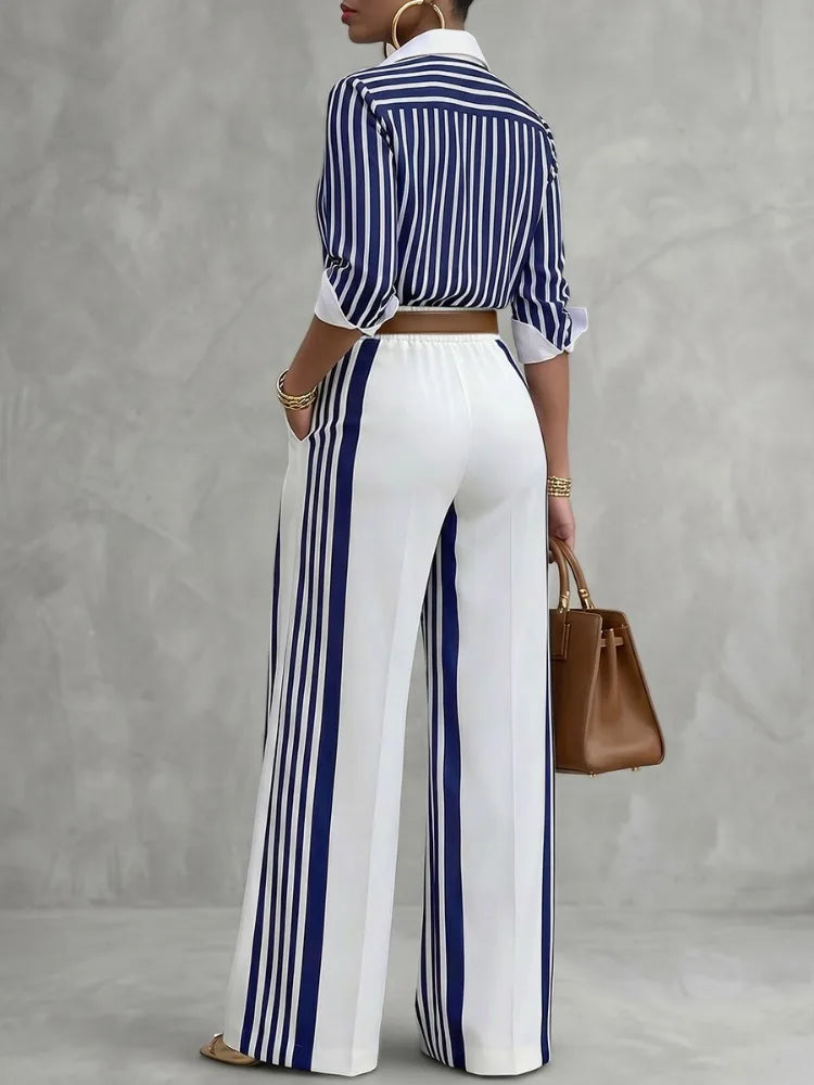 Yeezzi Women Formal Fashion Matching Set Contrast Color Striped Long Sleeve Lapel Blouse Wide Leg Full Length Pants 2 Piece Sets - Matrix-studios.com