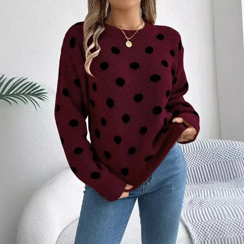 2025 Autumn/Winter Casual Contrast Color Polka Dot Sweater Women Round Neck Loose Pullover Female Fashionable Retro Outerwear - Matrix Studios