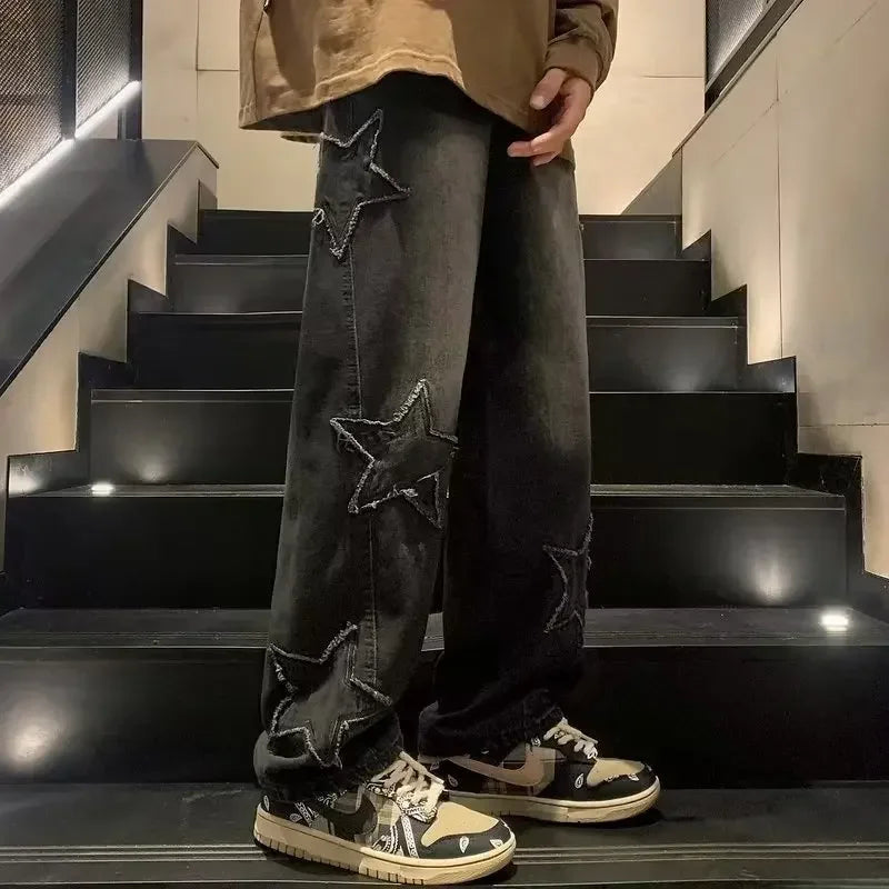 Star Embroidered Straight Casual Men's Jeans Y2K Gothic Unisex New Wide-leg Loose, Comfortable Fashionable Youth Street Jeans - Matrix Studios