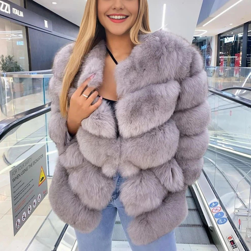 QUEENTINA  Natural Fox Fur Coats Fashion New Women's Very Warm And Stylish Jacket Vest Stand Collar Leather Coat Women Winter - Matrix Studios
