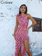 Cutenew Floral Print Women Midi Dresses Fashion Incline Shoulder Bandage Ruffle Splited Vestidos Female Vacation Street Bodycon - Matrix-studios.com