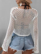 Mesh Crochet Beach Shirt Women Solid Cover Up Ladies Long Sleeve Tops 2026 Sexy Beachwear Bathers Swim Bathing Suit - Matrix Studios