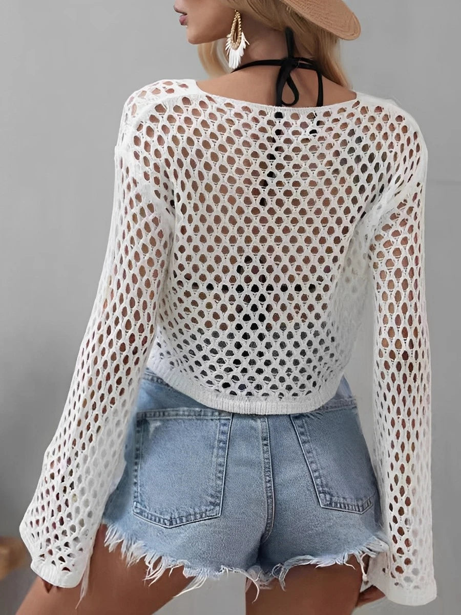 Mesh Crochet Beach Shirt Women Solid Cover Up Ladies Long Sleeve Tops 2026 Sexy Beachwear Bathers Swim Bathing Suit - Matrix Studios