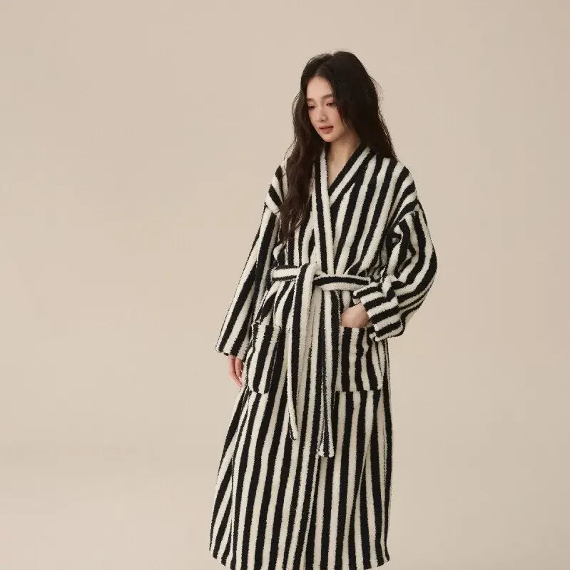 Thickened Flannel Robe Pants Pajamas Set Autumn Winter New Couple Coral Velvet Women Men Bathrobe Striped Lengthed Home Clothes - Matrix-studios.com