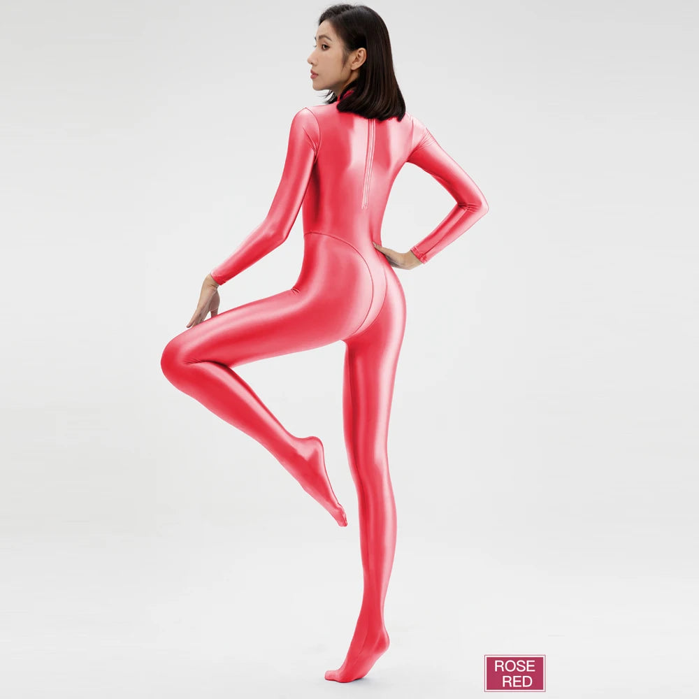 2023 AMORESY Women's Catsuit Playsuits Wetlook Shiny Glossy Tights Zipper Leotards Fullbody Overall Zentai Jumpsuits - Matrix Studios