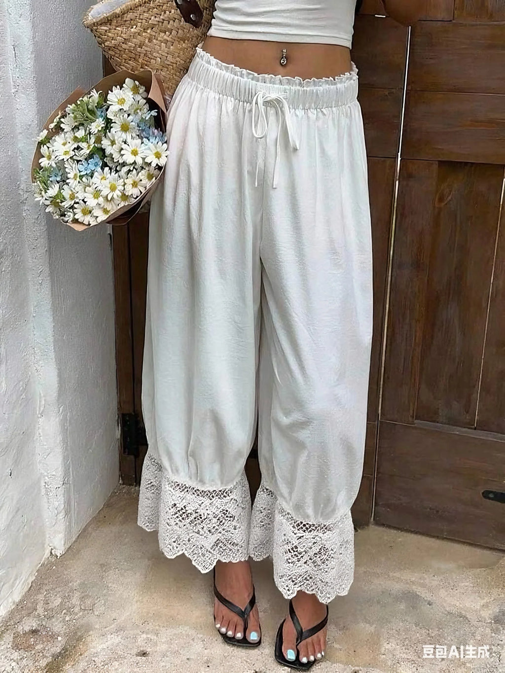 Womens Wide Leg Pants White Polyester Lace Trim Hem Casual Loose Fit Summer Trousers Wide Leg Pants - Matrix-studios.com
