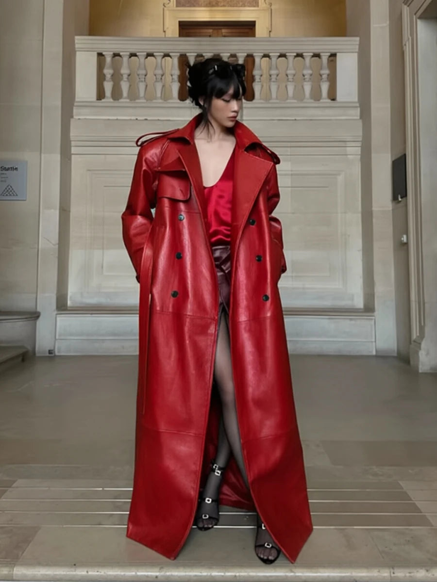 Lautaro Spring Autumn Extra Long Black Pu Leather Trench Coat for Women with Back High Slit Luxury Chic European Fashion 2024 - Matrix Studios