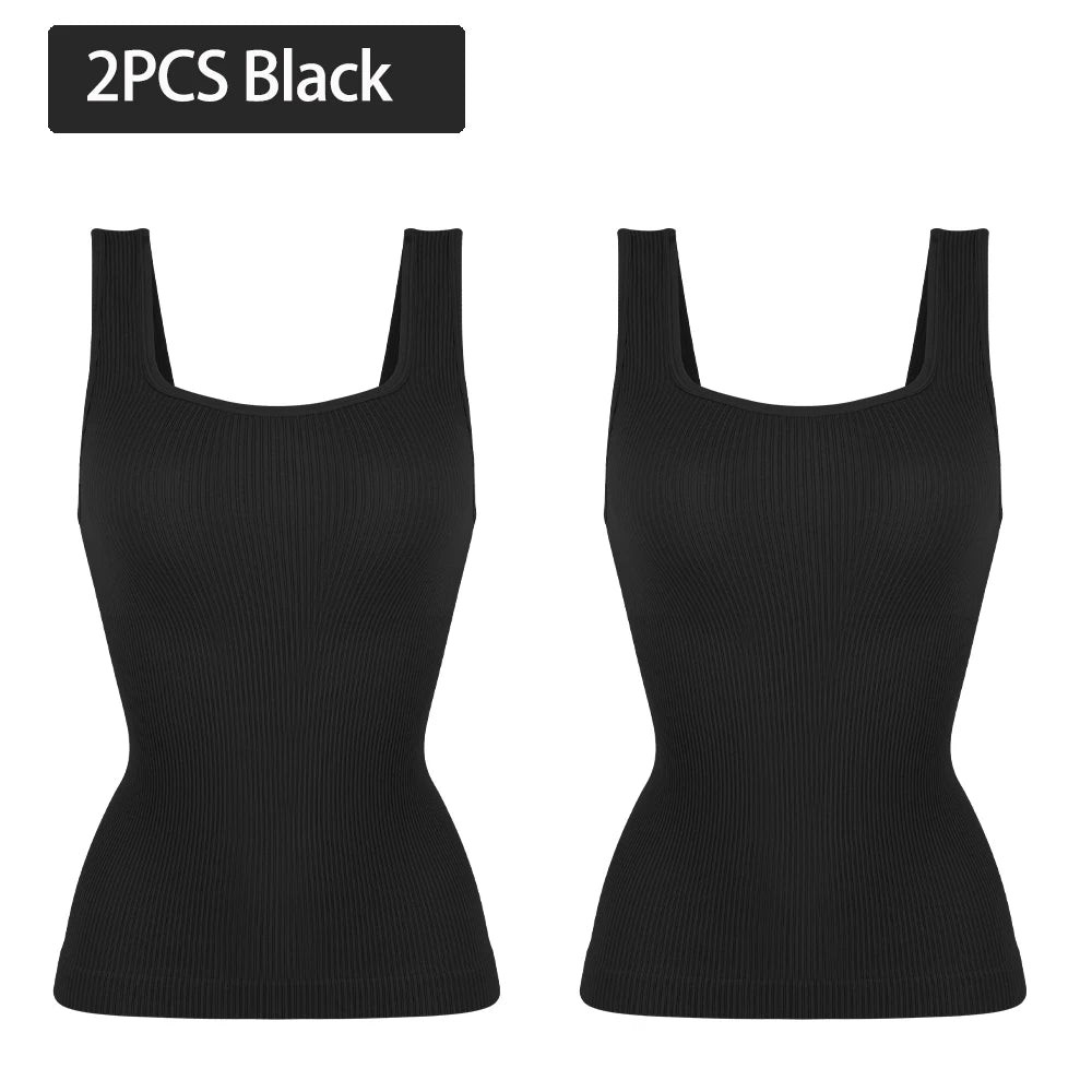 1/2 PCS Shapewear Tummy Control Tank Top Compression Tanks for Women Square Neck Seam-free Body Shaper Camisole Cami Tops - Matrix-studios.com