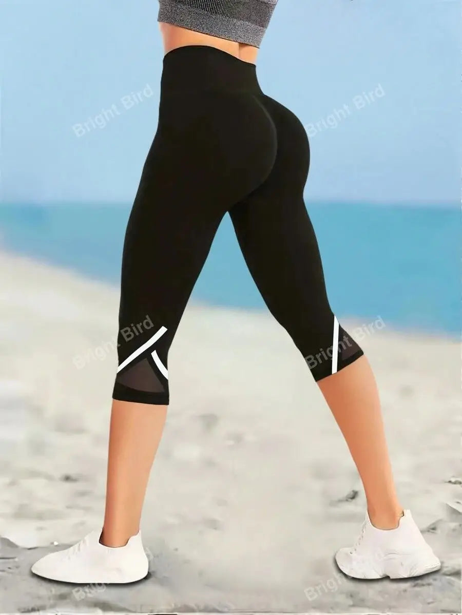 Mesh High Waist Yoga Pants Capri Leggings For Women, Tummy Control Workout Capri Leggings, Women's Activewear - Matrix-studios.com