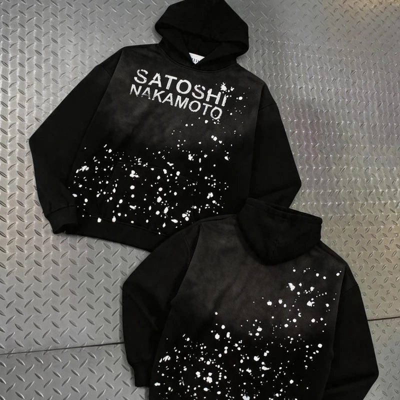 SATOSHI Hoodies Pullover 26ss Vintage Embroidery Leather Pattern Glittering Diamond Print Men's Hooded Hip Hop Style Sweatshirts - Matrix-studios.com