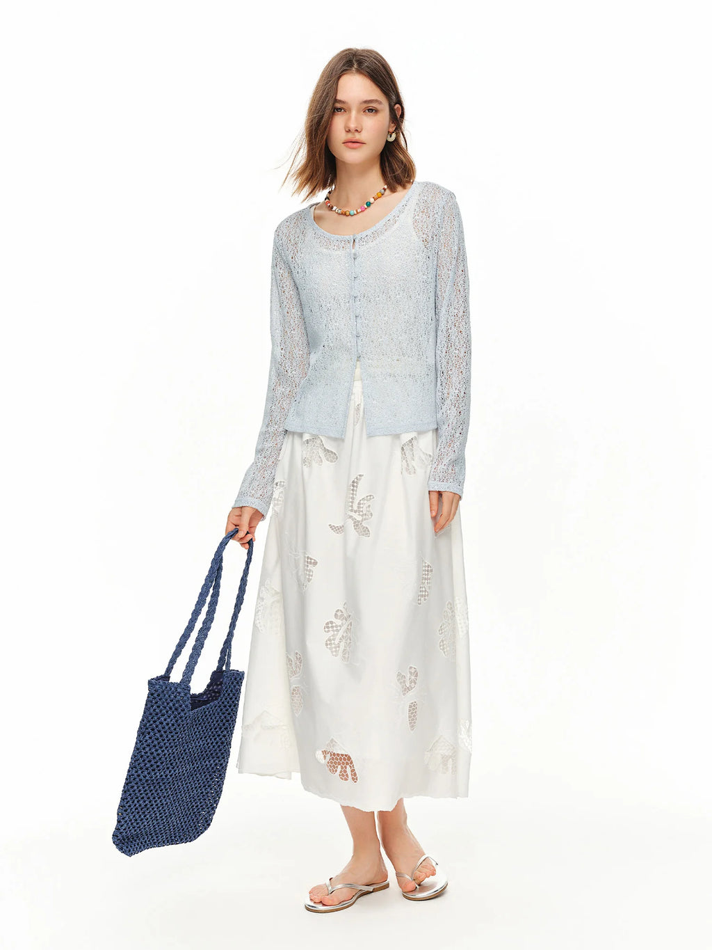 DUSHU 2026 Summer Women's Textured Beaded Button Relaxed Cardigan, Openwork Loose Knit Top for Coquette & Soft Layering Style - Matrix Studios