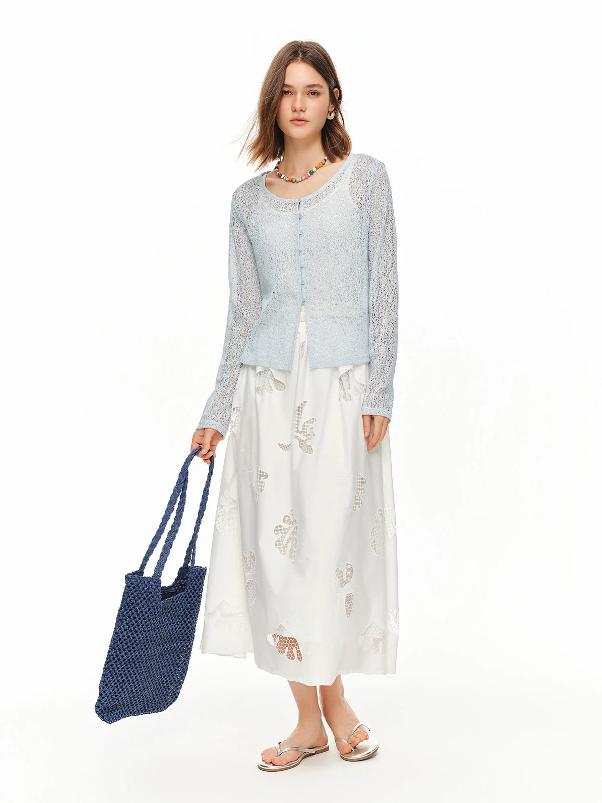DUSHU 2026 Summer Women's Textured Beaded Button Relaxed Cardigan, Openwork Loose Knit Top for Coquette & Soft Layering Style - Matrix Studios