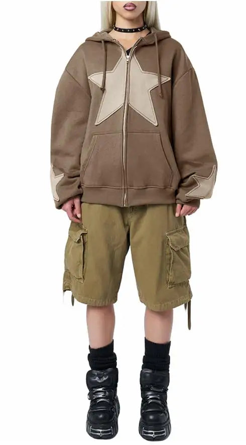 Y2K Vintage Star Print Hooded Hoodie for Women Casual Loose Long Sleeve Zip Up Drawstring Sweatshirts Autumn Spring Coat Street - Matrix Studios