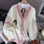 Sweet Bow Sweater Cardigans Women Y2K Aesthetic Contrast Color V-Neck Knitted Cardigan Kawaii Jk Single Breasted Sweaters Coat - Matrix Studios