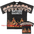 Y2K Gothic Skull Flame Graphic Tee Satoshi Nakamoto Letter Print Oversized Washed Black Men Casual Street T-Shirts - Matrix-studios.com