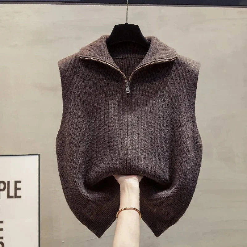 Double Zipper Women Knitted Sweater Vest Spring Autumn Stand Collar Sleeveless Sweater Vest Solid Waistcoat Outer Wear Vest Top - Matrix Studios