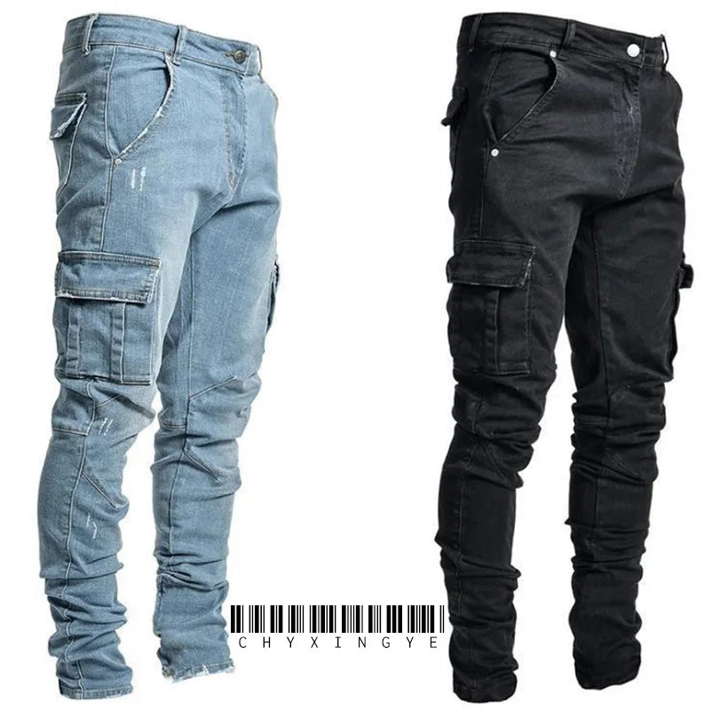 2026Jeans Men Pants Wash Solid Color Multi Pockets Denim Mid Waist Cargo Jeans Plus Size Fahsion Casual Trousers Male Daily Wear - Matrix Studios