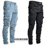 Street Elastic Jeans Men Denim Cargo Pants Wash Solid Color Multi Pockets Casual Mid Waist Trousers Slim Fit Daily Wear Joggers - Matrix Studios