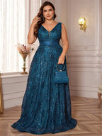 Plus Size Luxury Deep V-Neck Sequins Blue Evening Dress Women Elegant V-back Wedding Party Long Prom Cocktail Dresses - Matrix Studios