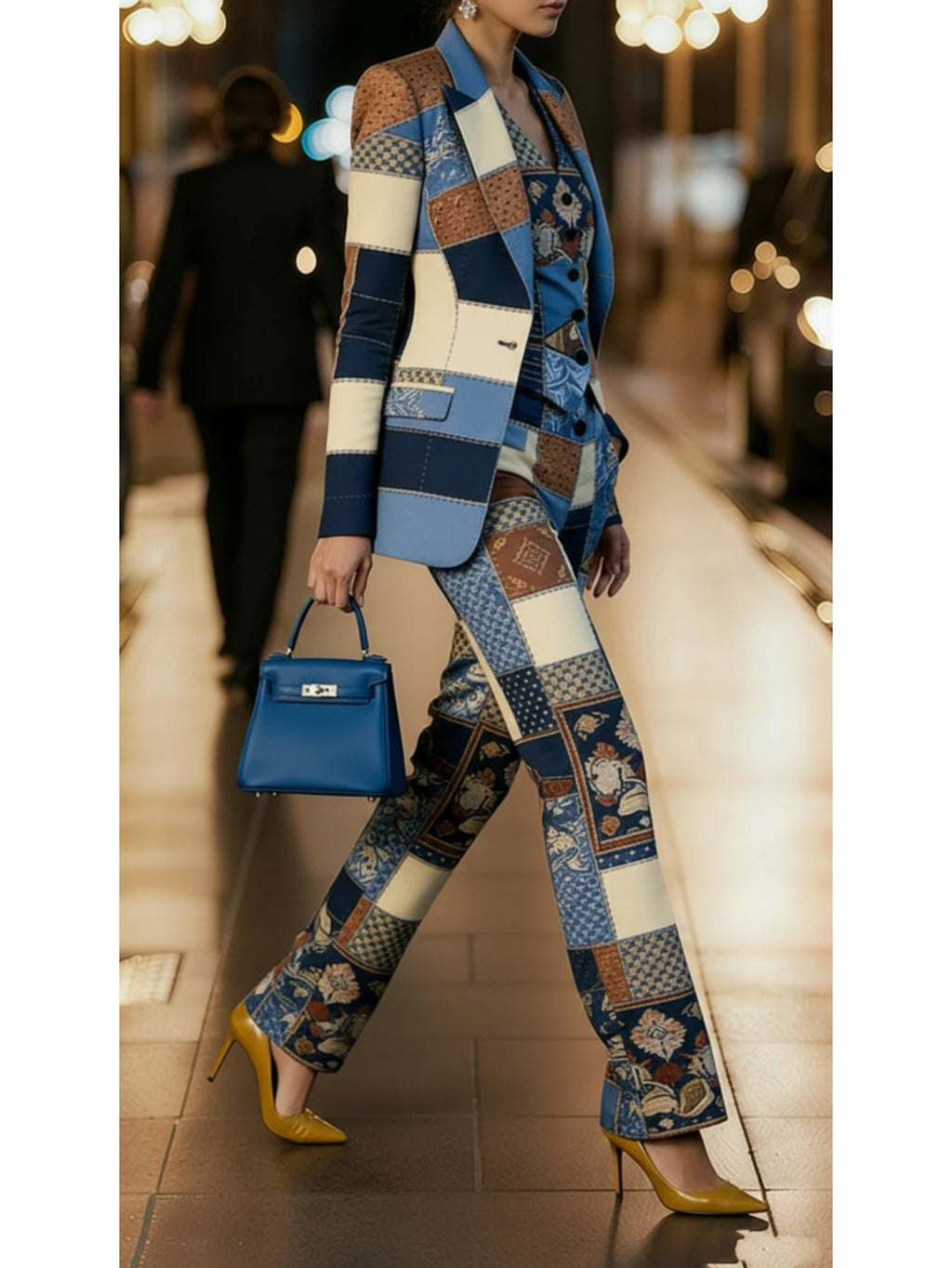 Women's Three Piece Patchwork Printed Lapel Blazer Vest Wide Leg Pants For Business Dinner Street Fashion Occasions - Matrix-studios.com