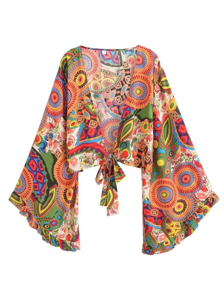Boho Vintage Floral Print Beach Summer Short Kimono Women 2025 Fashion Ruffles Flare Sleeves Vacation Bohemian Bikini Cover-ups - Matrix Studios