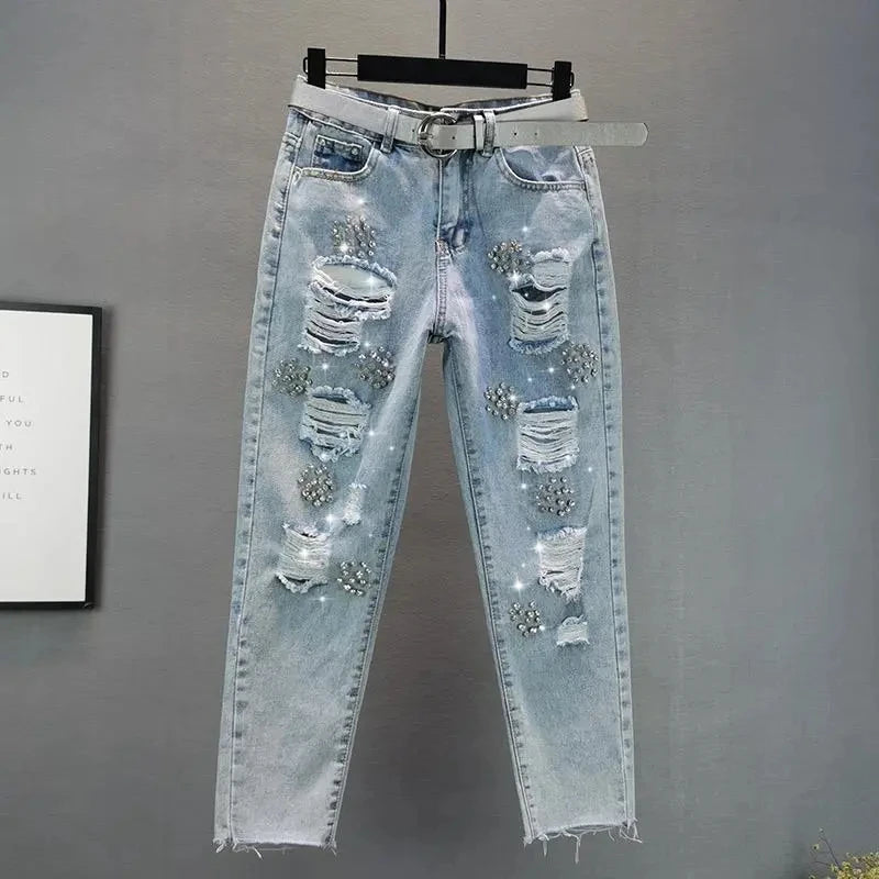 Heavy industry Diamond studded ripped Jeans Women's Street wear 2026 Summer New Loose Nine point Pants Casual Denim Trousers - Matrix-studios.com