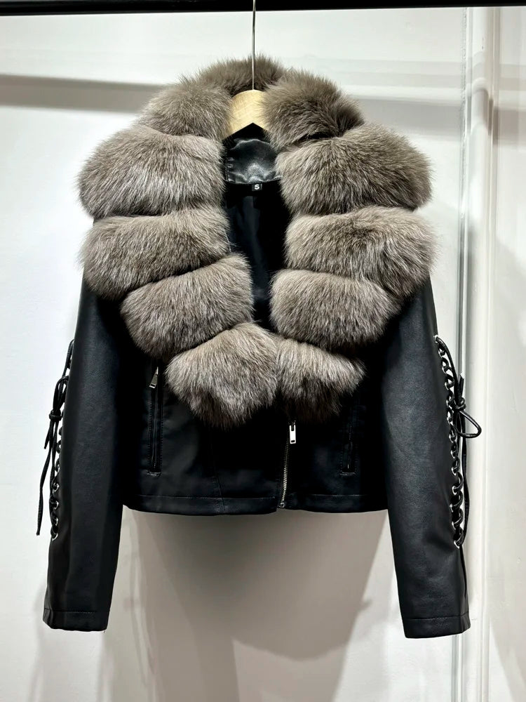 2024 Luxury Autumn Winter Real Natural Fox Fur Collar Washed Leather Coat Women Lace-up Faux Pu Leather Short Tassel Loose Coat - Matrix Studios