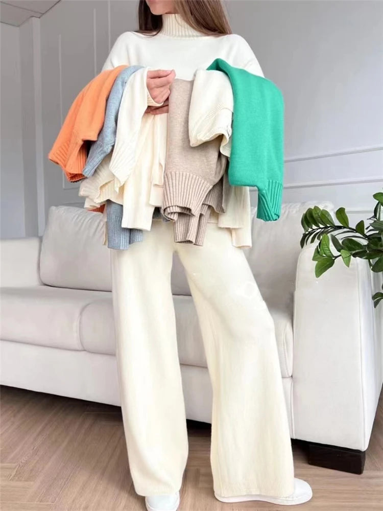 Autumn Winter 2 Pieces Women Sets Knitted Tracksuit Turtleneck Sweater and Straight Jogging Pants Suits - Matrix-studios.com