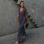 Fashion Women's Trouser Suits Sleeveless V-Neck Top Women Casual Straight Pants Sets Summer Women's Suit Commuter 2 Piece Set - Matrix-studios.com