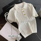 Ice Silk Polo Shirt Knitted Short Sleeve T-Shirt Summer Chic Thin Unique Jacquard Women Tops 2026 Korean Style Women’s Clothing - Matrix-studios.com