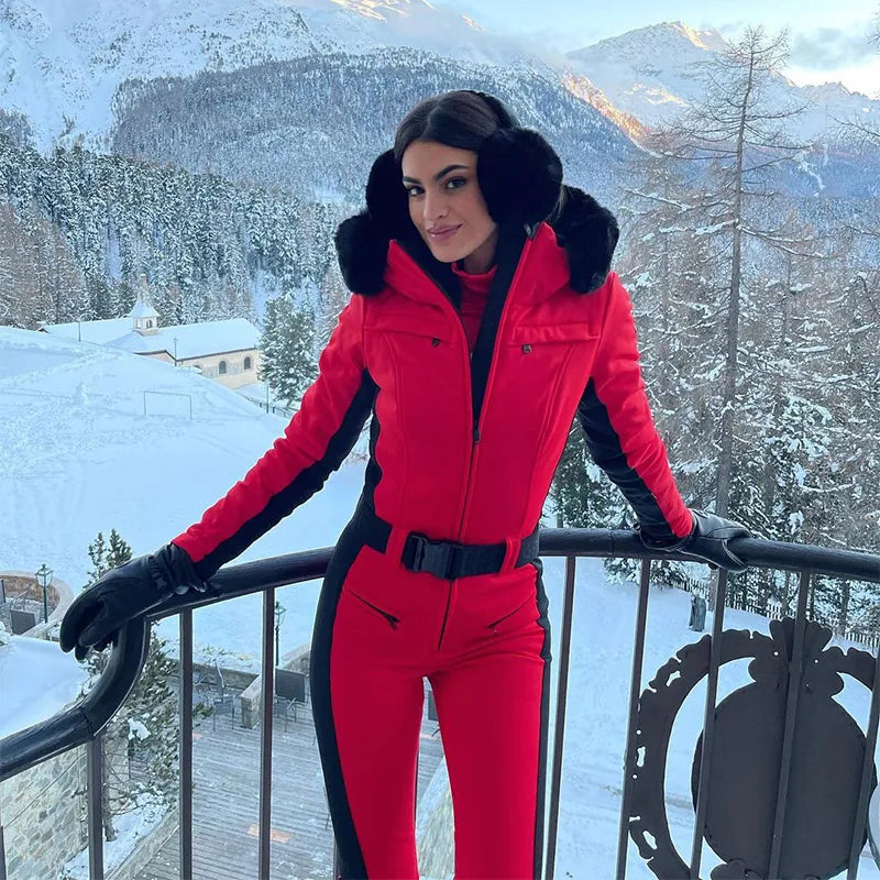 Fashion Hooded Ski Jumpsuit Women Faux Fur Patchwork Zippers Pocket With Belt High Wait Skiing Jumpsuits 2026 Winter Romper Lady - Matrix Studios