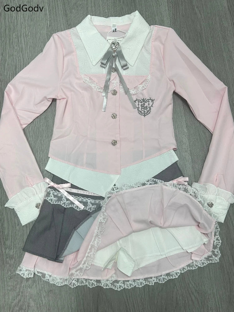 Spring Y2K Princess Outfits Women 2 Piece Sets Sweet Kawaii Bow Tops + Lace Pleated Skirt Female Retro Chic Preppy Style Clothes - Matrix-studios.com