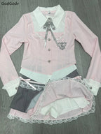 Spring Y2K Princess Outfits Women 2 Piece Sets Sweet Kawaii Bow Tops + Lace Pleated Skirt Female Retro Chic Preppy Style Clothes - Matrix-studios.com