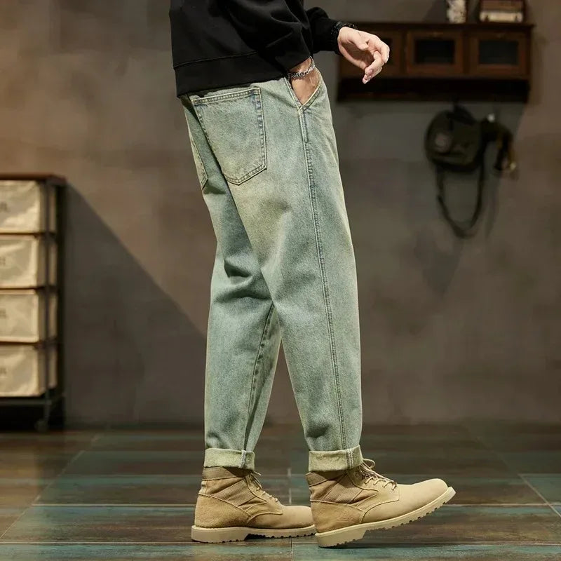 Men's Spring 2026 Loose Harem Pants Denim Retro Solid Comfortable Harajuku Straight Jeans Simple Fashion Versatile Cargo Trouser - Matrix Studios