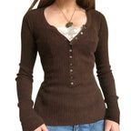 Women Button Front Knit Tops Long Sleeve Lace Patchwork Slim Fit Sweater Fall Fairy Grunge Gothic Y2K Clothes - Matrix Studios