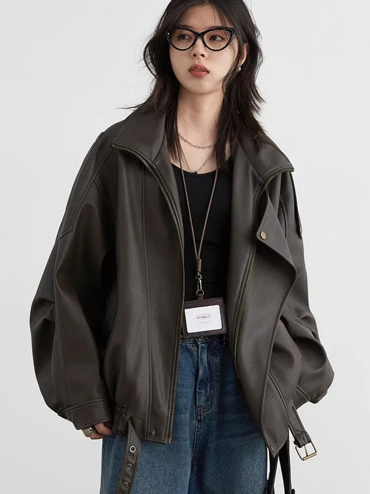 CHIC VEN Woman PU Jacket Solid Loose New Retro Standing Collar Motorcycle Faux Leather Coat Female Top Spring Autumn 2026 - Matrix Studios
