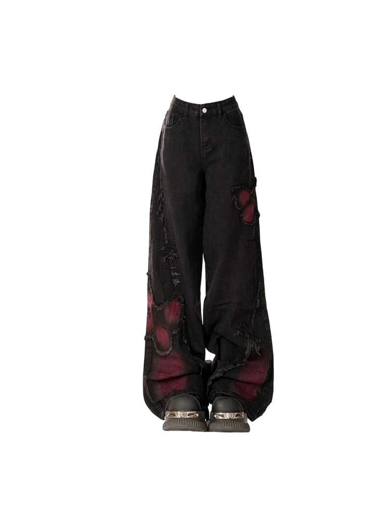 Women's Baggy Butterfly Jeans Vintage 90s Aesthetic Cowboy Pants Harajuku Oversize Denim Trousers Y2k 2000s Black Gothic Clothes - Matrix-studios.com