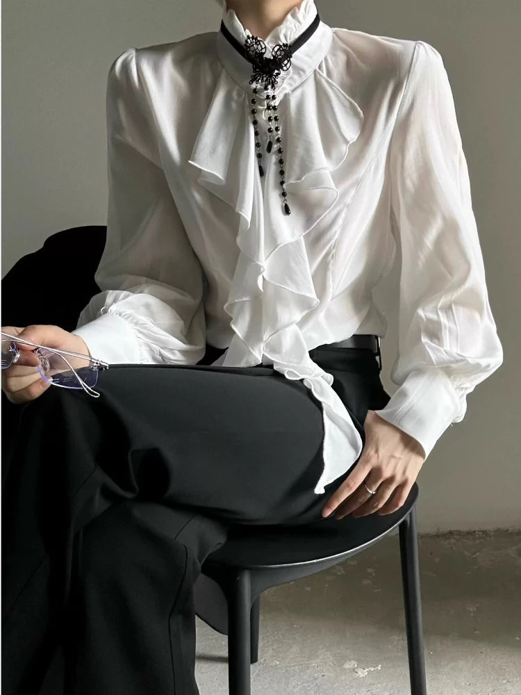 Deeptown White Ruffles Elegant Vintage Women Blouses Black Y2k Victorian Gothic Long Sleeve Stand Collar Shirts Loose Preppy - Matrix-studios.com