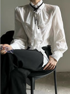 Deeptown White Ruffles Elegant Vintage Women Blouses Black Y2k Victorian Gothic Long Sleeve Stand Collar Shirts Loose Preppy - Matrix-studios.com